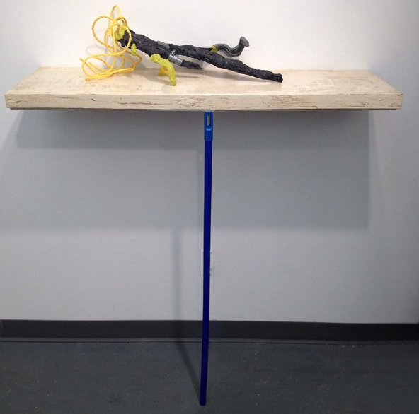  disjoint &nbsp; ;  A plaster cast of a tree-root system resembles a disembodied claw or hand. &nbsp;It was broken and re-assembled with prosthetics. &nbsp;It sits atop a shelf embedded in the wall. &nbsp;This sculpture illustrates my interest in mak