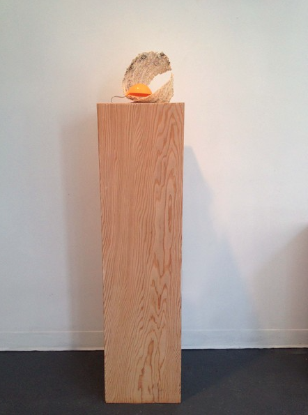  view &nbsp; ;  A soup ladle and a cast taken from tree bark defy their origins. Placed atop a plinth, this yellow orb is simple yet piercing.  45 x 12 x 12 inches, paper, ladle, plinth 