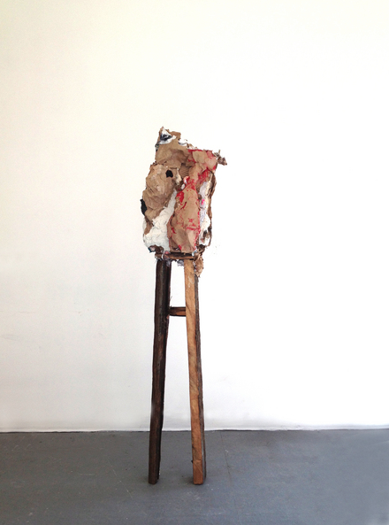 transfigure &nbsp; ;  Paper grocery bags and reclaimed wood combine with other materials in this peculiar creature.  61 x 11 x 11.5 inches, paper trash, reclaimed wood, paint, plaster, plastic, foil, 2013 