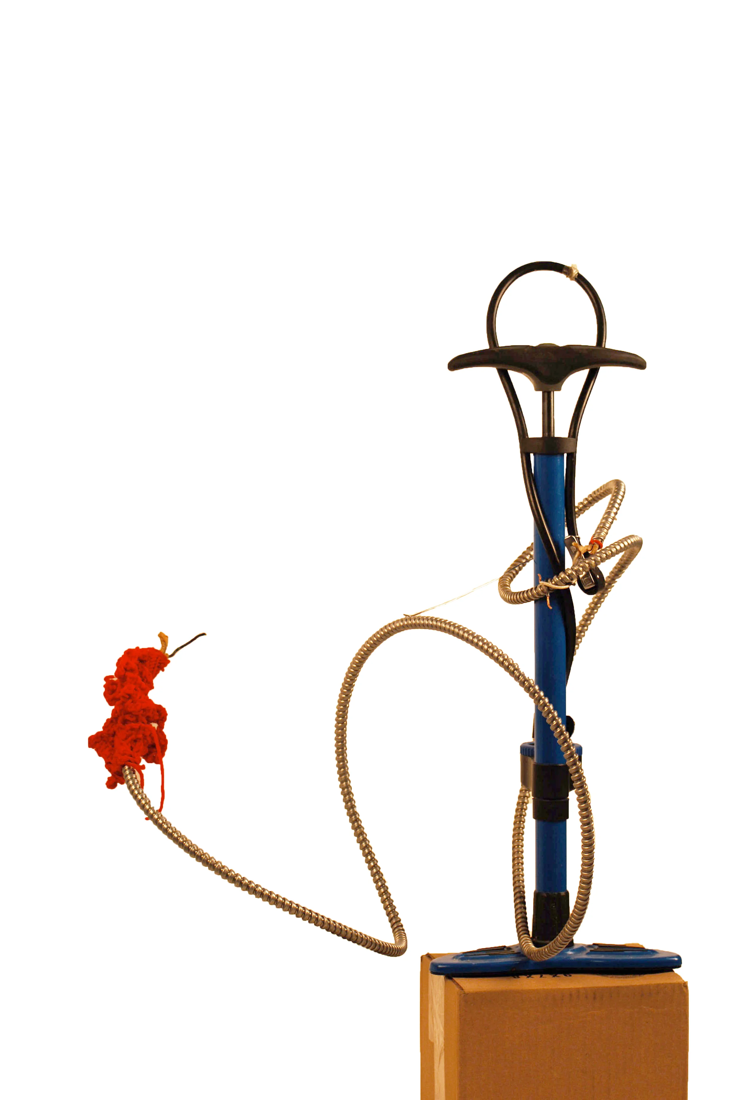 the tramp found bike pump, conduit, yarn, wire. 30 x 32 x 10 inches Think Charlie Chaplin, then think vasculature, and red protuberances.