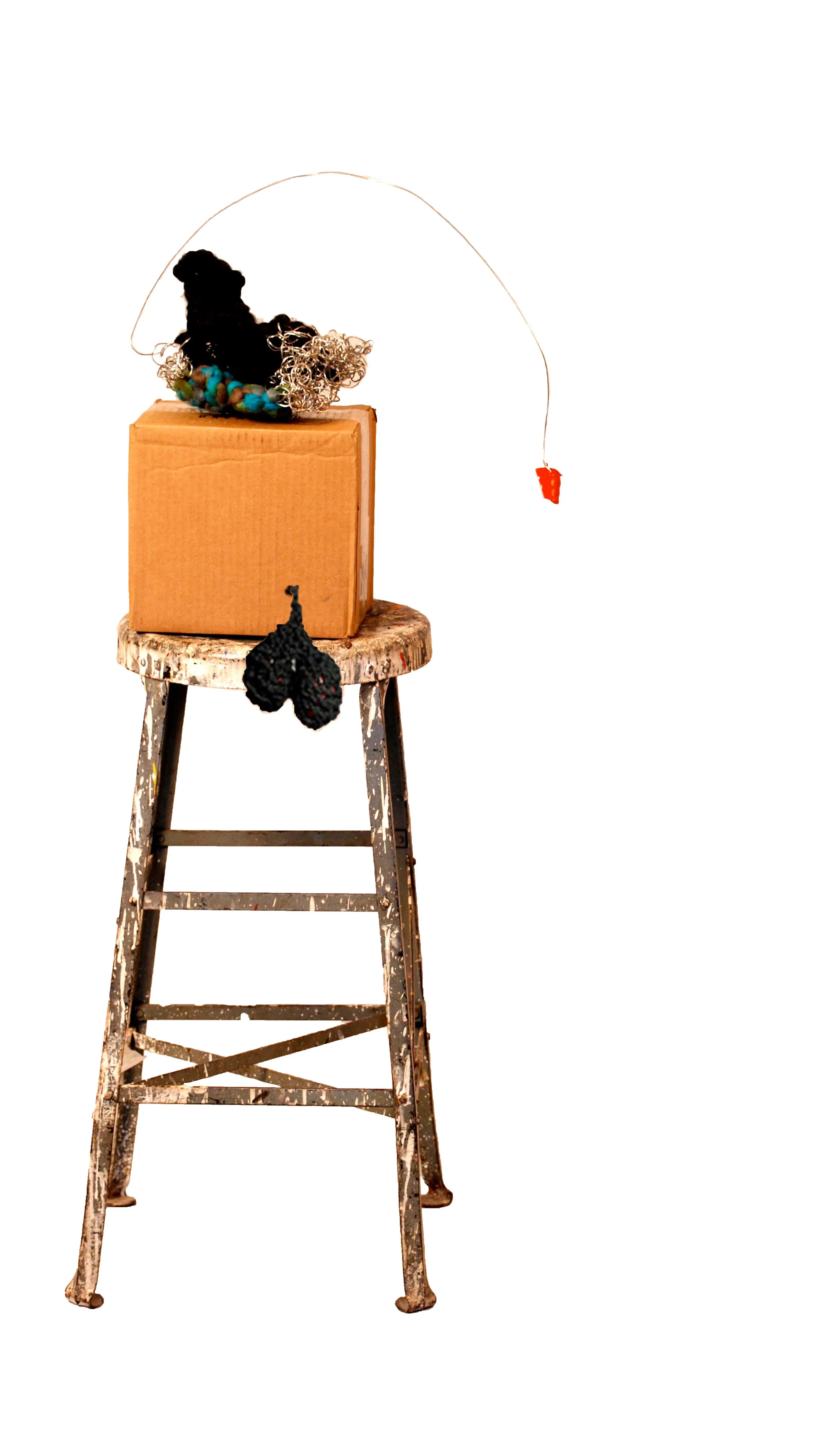 angler's souvenir crocheted yarn and wire, box, stool, found plastic cap, 50 x 18 x 18 inches. A shipping box the quintessential symbol of consumer culture becomes a pedestal on a pedestal - a found stool. The crocheted male genitalia serve as a reminder of our capacity for rebirth while the quirky, abstracted form atop the box harkens to strange creatures beneath the sea. The red at the end of the wire is a piece of a plastic cap, cut into a tongue-like shape.
Normal
0
false
false
false
EN-US
JA
X-NONE
/* Style Definitions */
table.MsoNormalTable
{mso-style-name:"Table Normal";
mso-tstyle-rowband-size:0;
mso-tstyle-colband-size:0;
mso-style-noshow:yes;
mso-style-priority:99;
mso-style-parent:"";
mso-padding-alt:0in 5.4pt 0in 5.4pt;
mso-para-margin:0in;
mso-para-margin-bottom:.0001pt;
mso-pagination:widow-orphan;
font-size:10.0pt;
font-family:"Times New Roman";
mso-fareast-language:JA;}