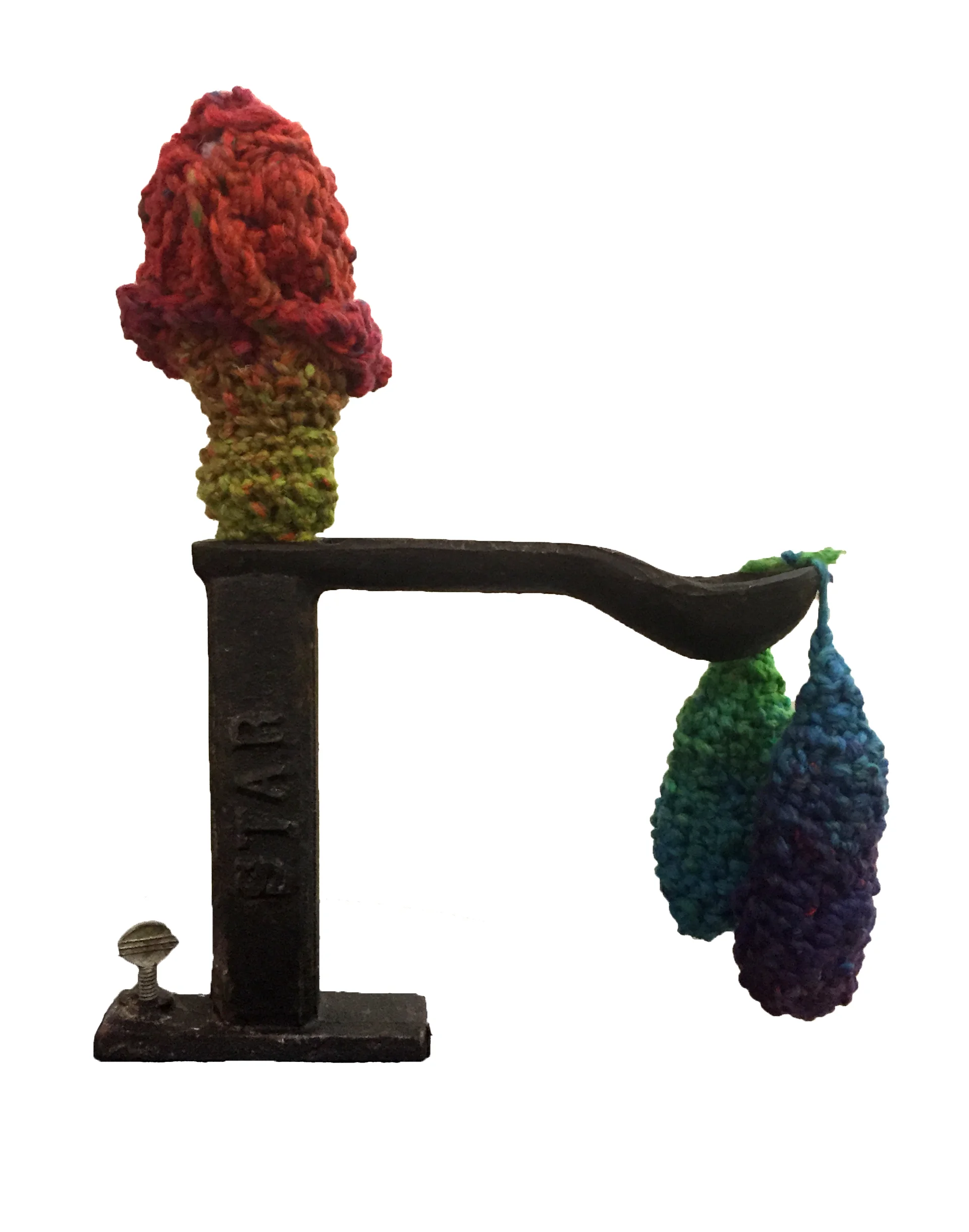 prosthetic 2016, 11 x 10 x 5 inches, shoe horn, upcycled plastic bags (stuffing), yarn Upward mobility and lateral support. Everyone needs a little help now and then. Fertility sculptures and fetish objects.