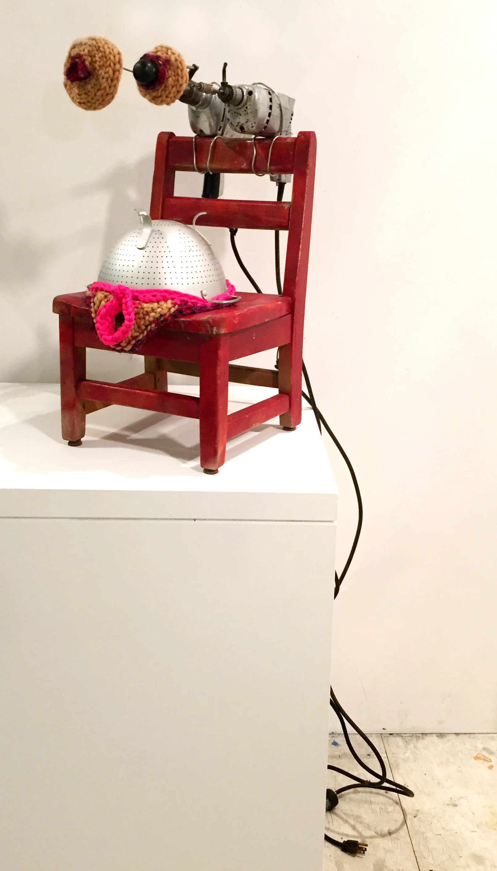 baby bump gendered stool series 28 x 22 x 23 inches, found child's chair, drills, colander, screw driver, fondue prong, yarn.