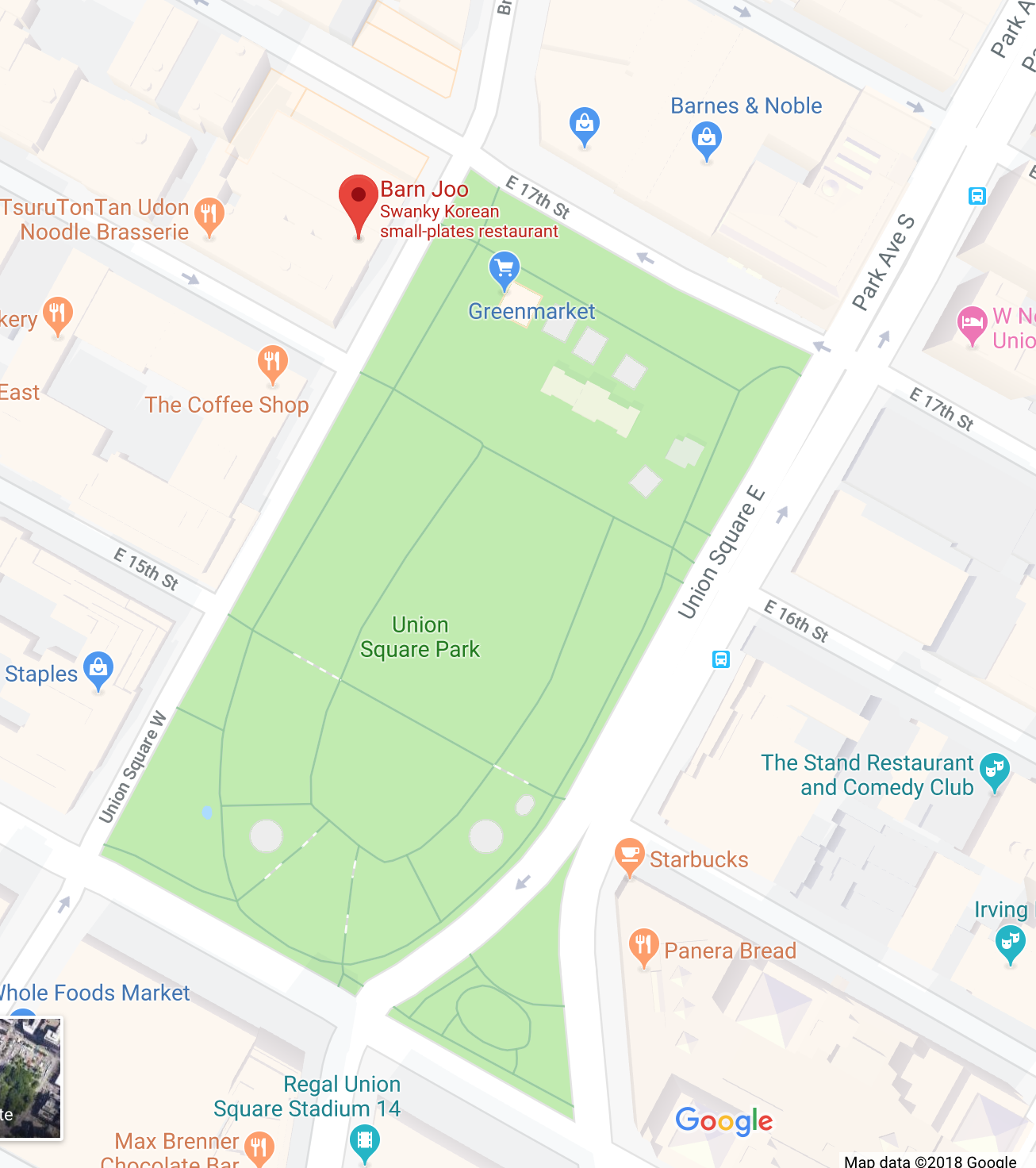 Our location at 37 Union Square West. Across the street from the Union Square Holiday Market, adjacent to Barn Joo.