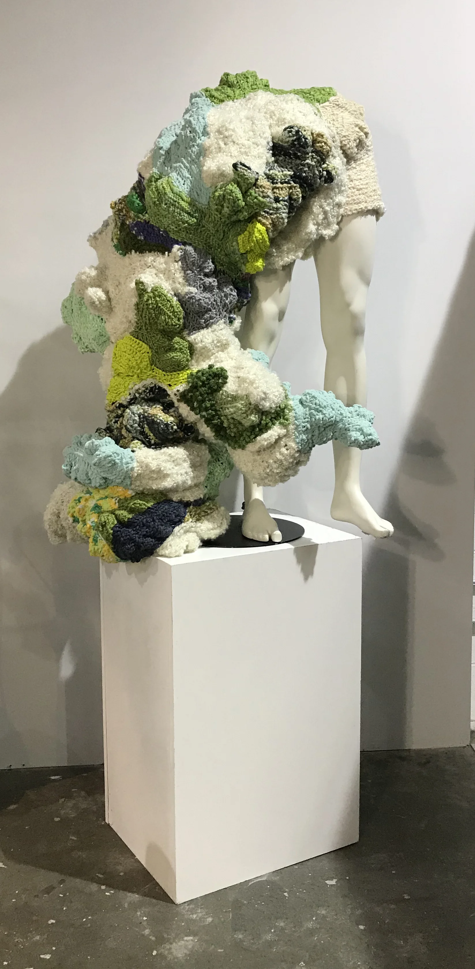 Hybrid - Holobiont 2019, 46 x 31 x 24 inches Mannequin, yarn, up-cycled plastic shopping bags (stuffing). Microorganisms and plants are no longer viewed as autonomous entities, but rather as "holobionts", the host plus its mutualistic microbes. This hybrid of human, plant and microorganism, captures the entirety of my practice as Artist and Herbalist. My training as an Herbalist highlighted the codependence between Flora, fauna and microbe, each requiring the other for survival. These are permeable constructs. It also speaks to the Anthropocene - and humanity’s lack of connection and felt responsibility for the landscape. It is stuffed with up-cycled plastic shopping bags, which are visible through the gaps in the crochet. Plastic internalized, ever-present.