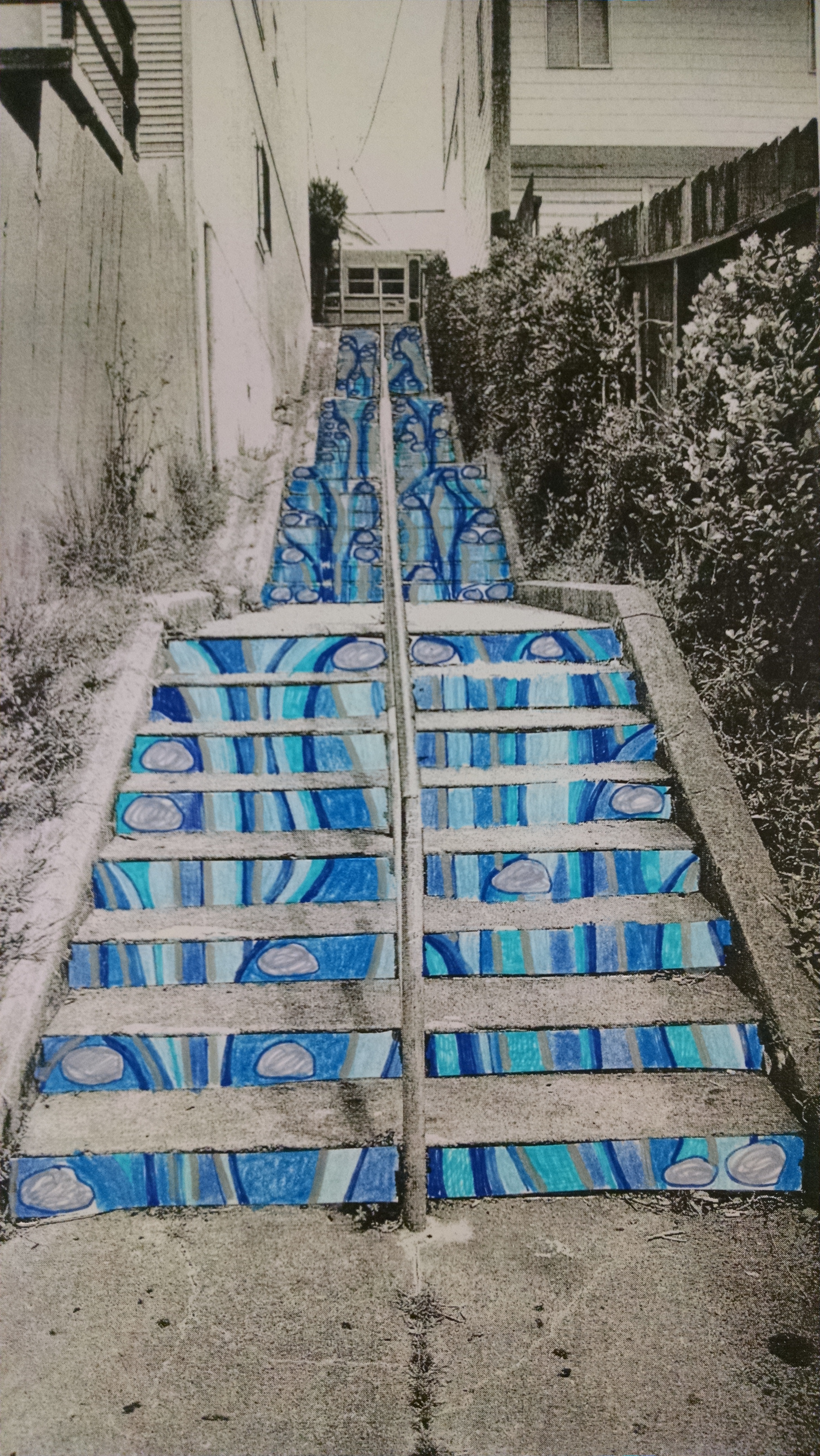 Revised rendition of "Waterfall" mosaic stairs installation with proposed Donor Tile placement.