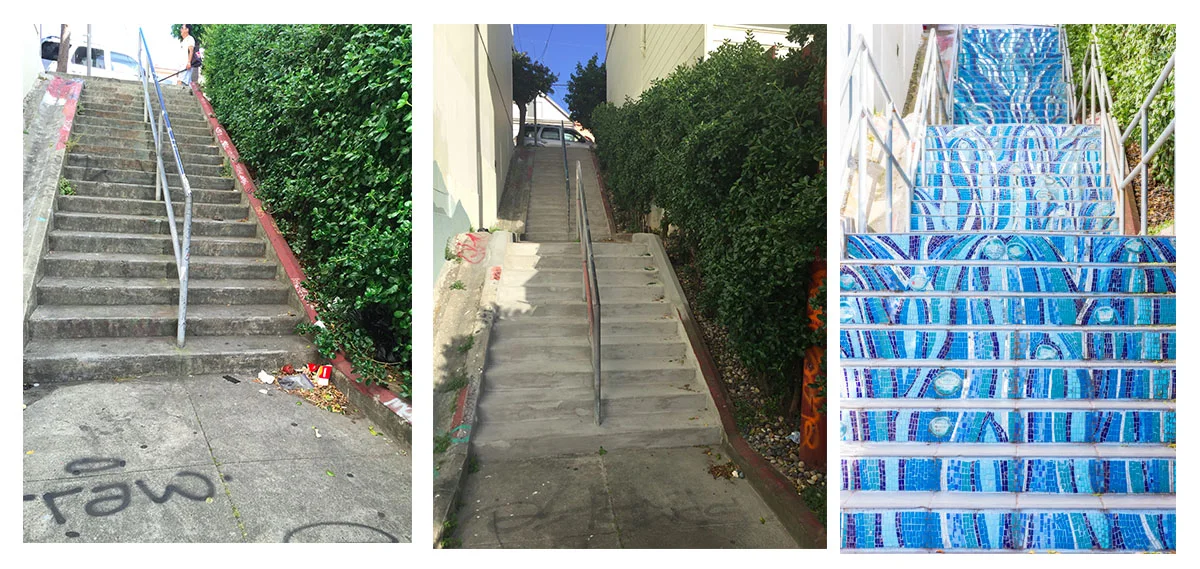 Kenny Alley Staircase, before, during and after revitalization