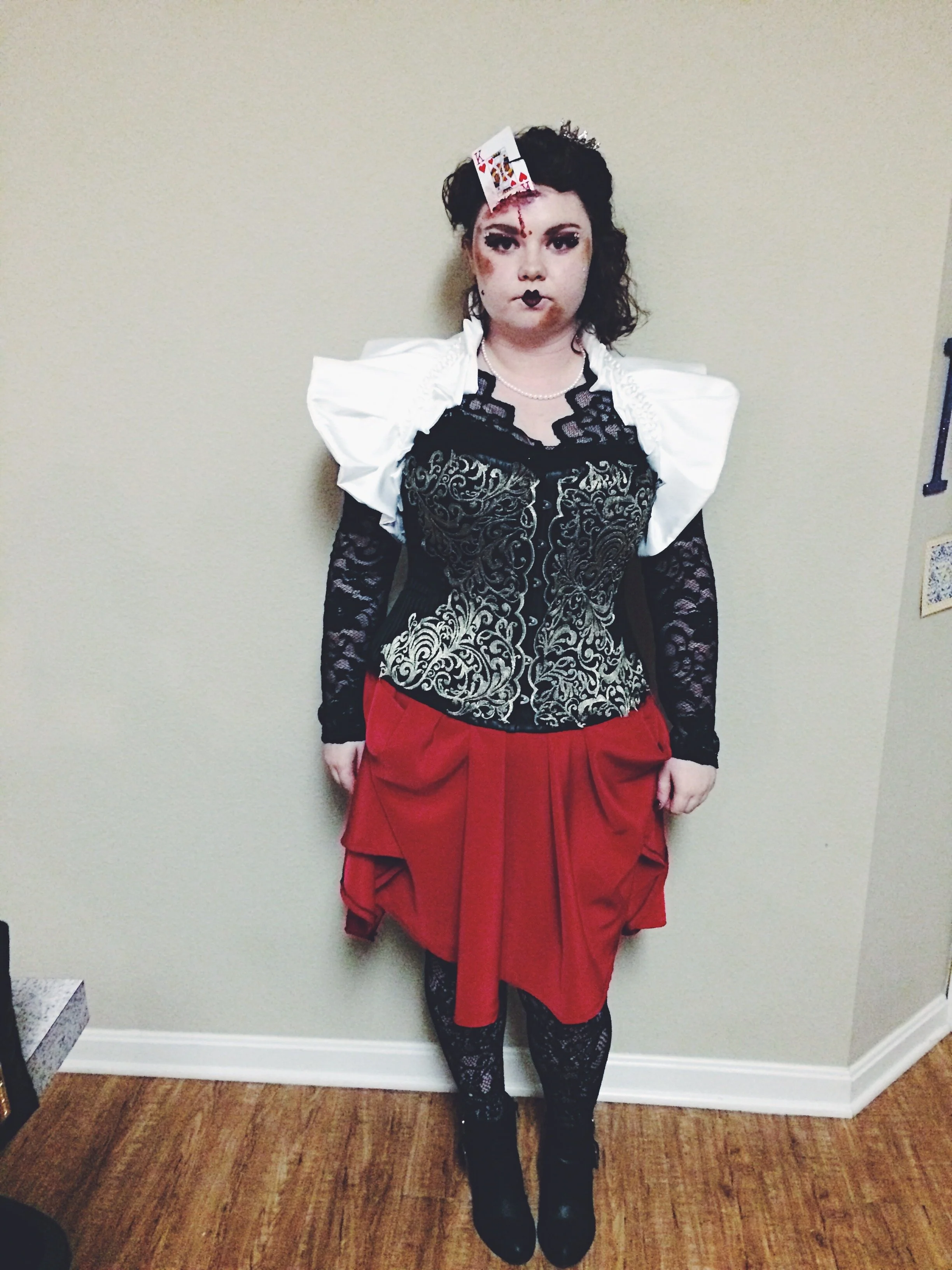  Gory Queen of Hearts Halloween 2016 - Red skirt and white stole constructed by me, corset hand-appliquéd by me 