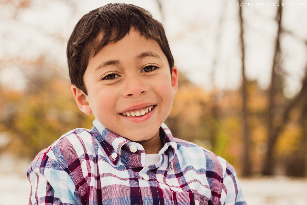 five year old boy wearing plaid button-up shirt | cleveland, ohio kids portrait photographer
