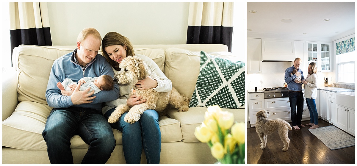 family of three and dog on living room couch | cleveland, oh newborn baby photographer