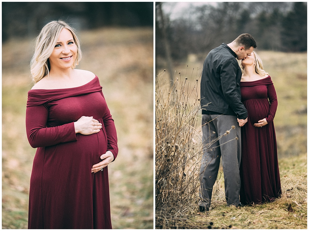 man and pregnant woman wearing long burgandy gown in park | cleveland, OH maternity portraits