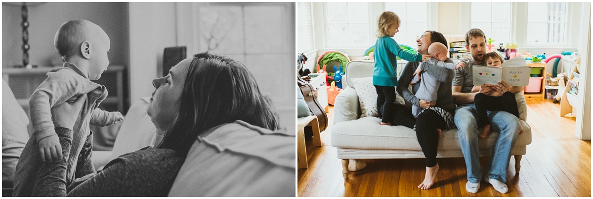 family of five reading a book on sofa | cleveland, OH newborn photographer
