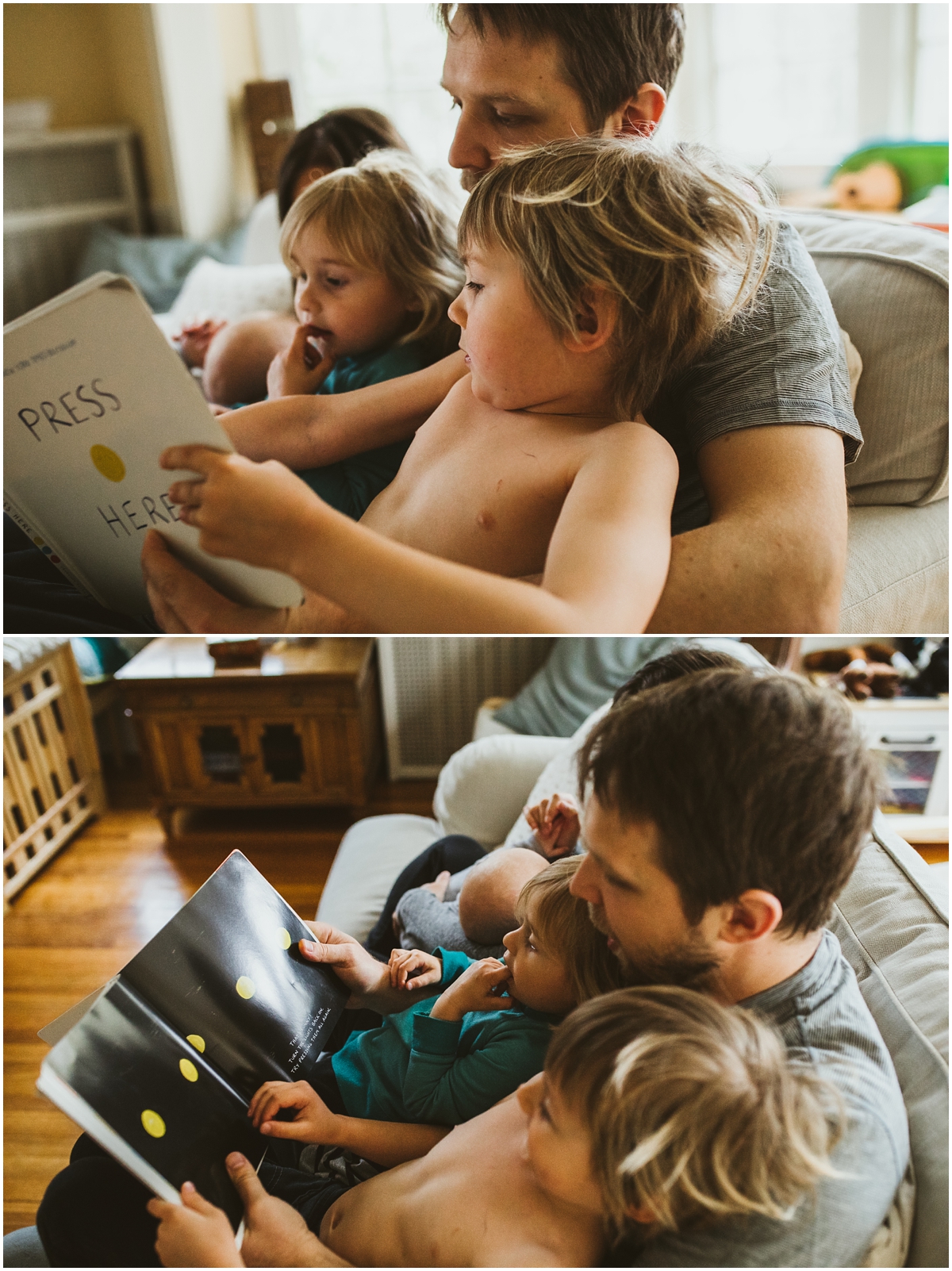 family of five reading a book on sofa | cleveland, OH newborn photographer