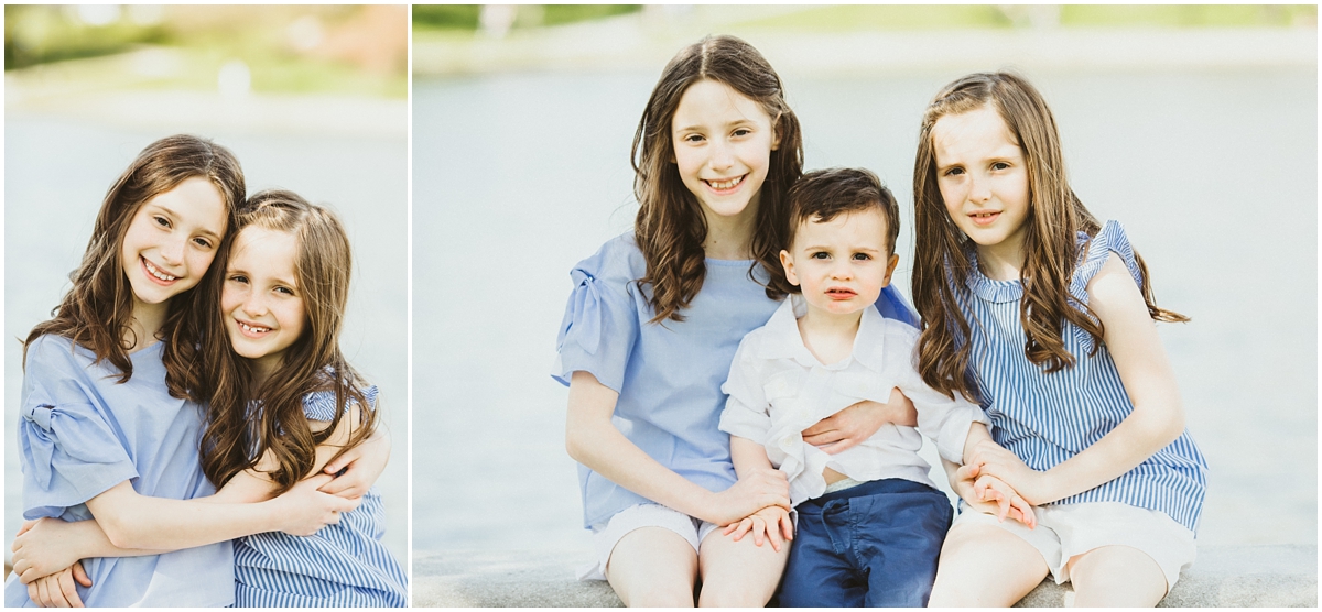two sisters and little brother sitting on bench | cleveland, oh family photography