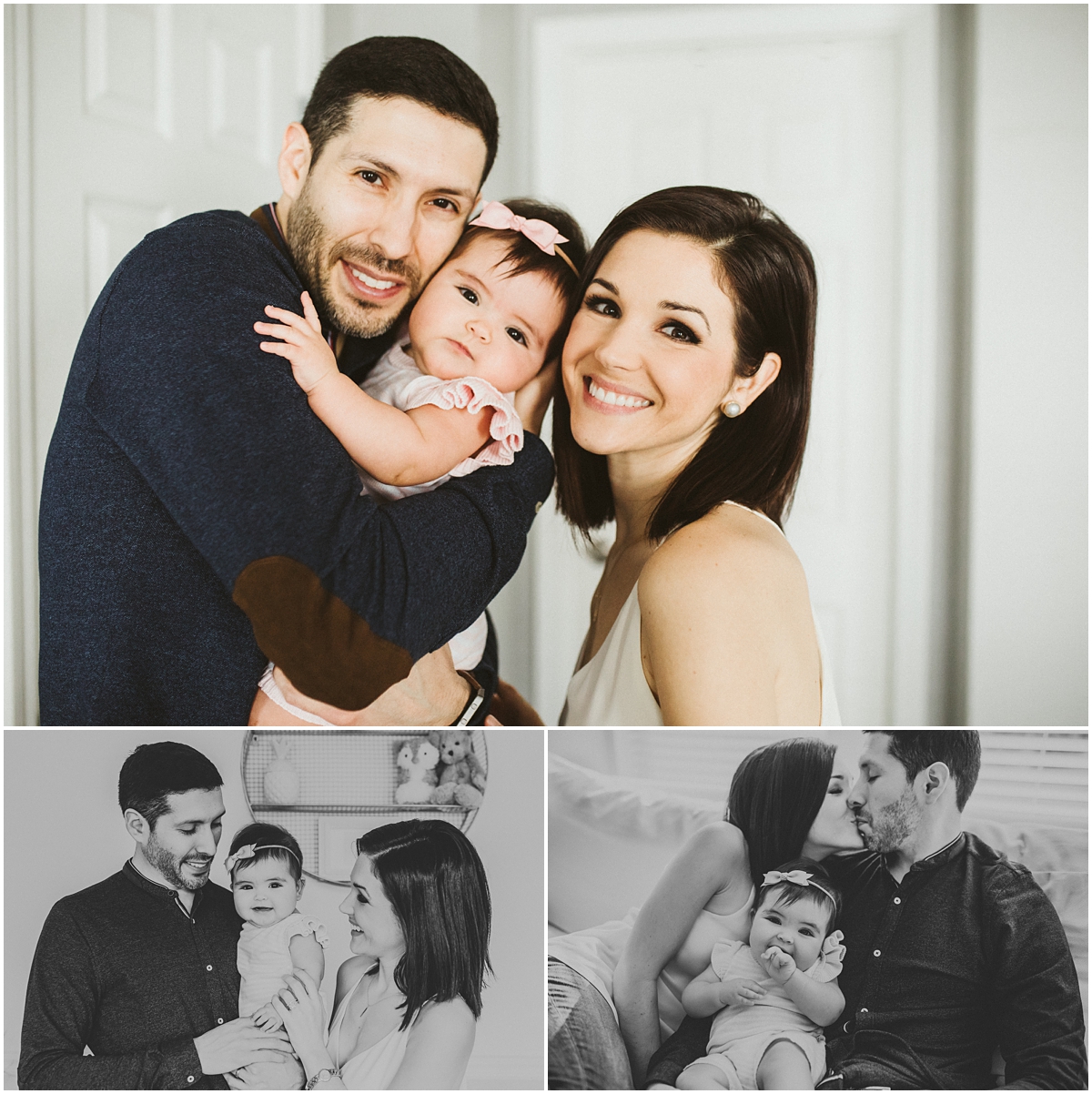 family of three sitting on white couch | cleveland OH baby photographer 