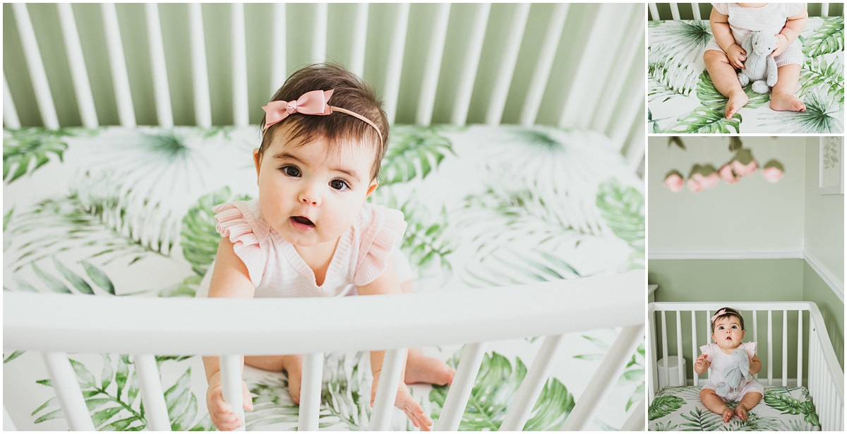 six month old baby in crib sitting | cleveland OH family photographer 