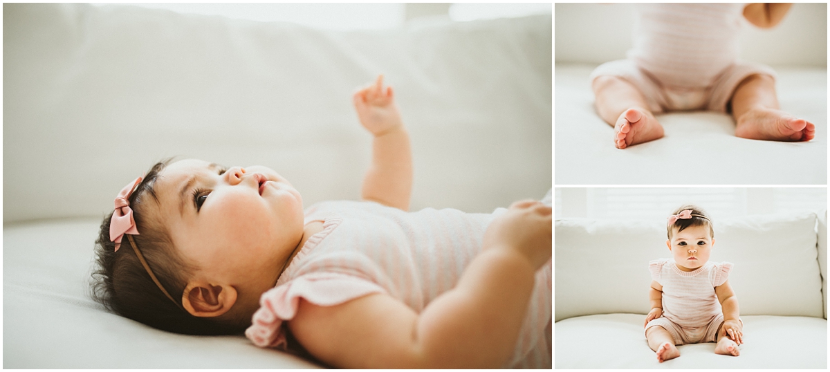 baby girl dressed in pink romper | cleveland OH baby portraits