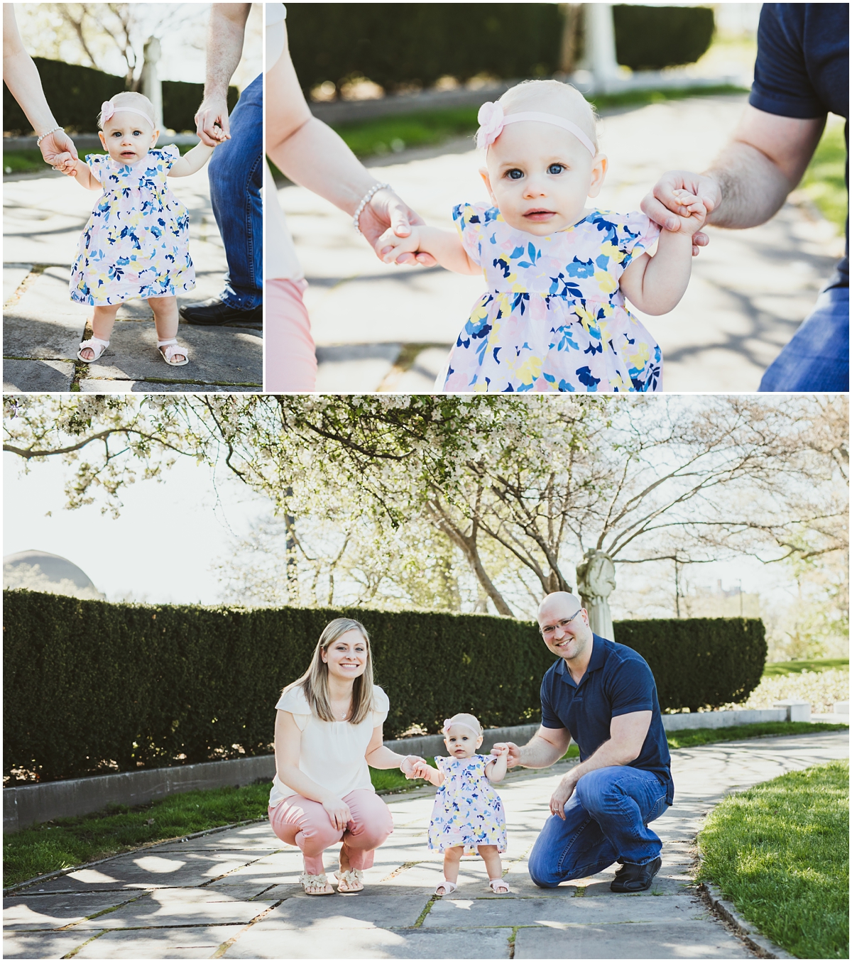baby firl with pink dress holding parents hands | cleveland OH family photographer
