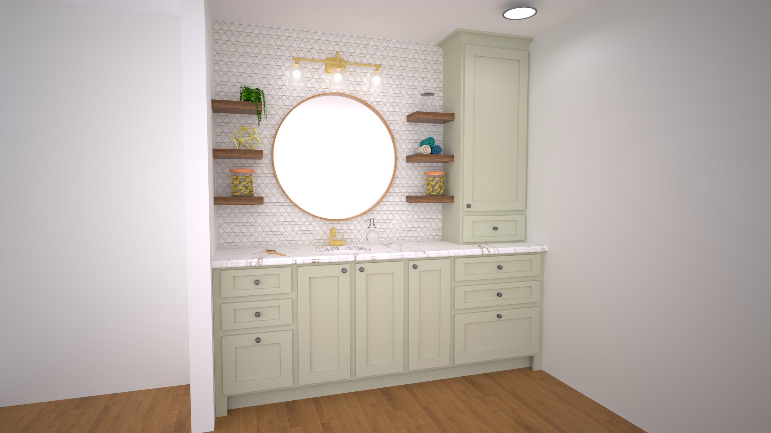 Concept Rendering of custom bathroom vanity in green with round mirror.
