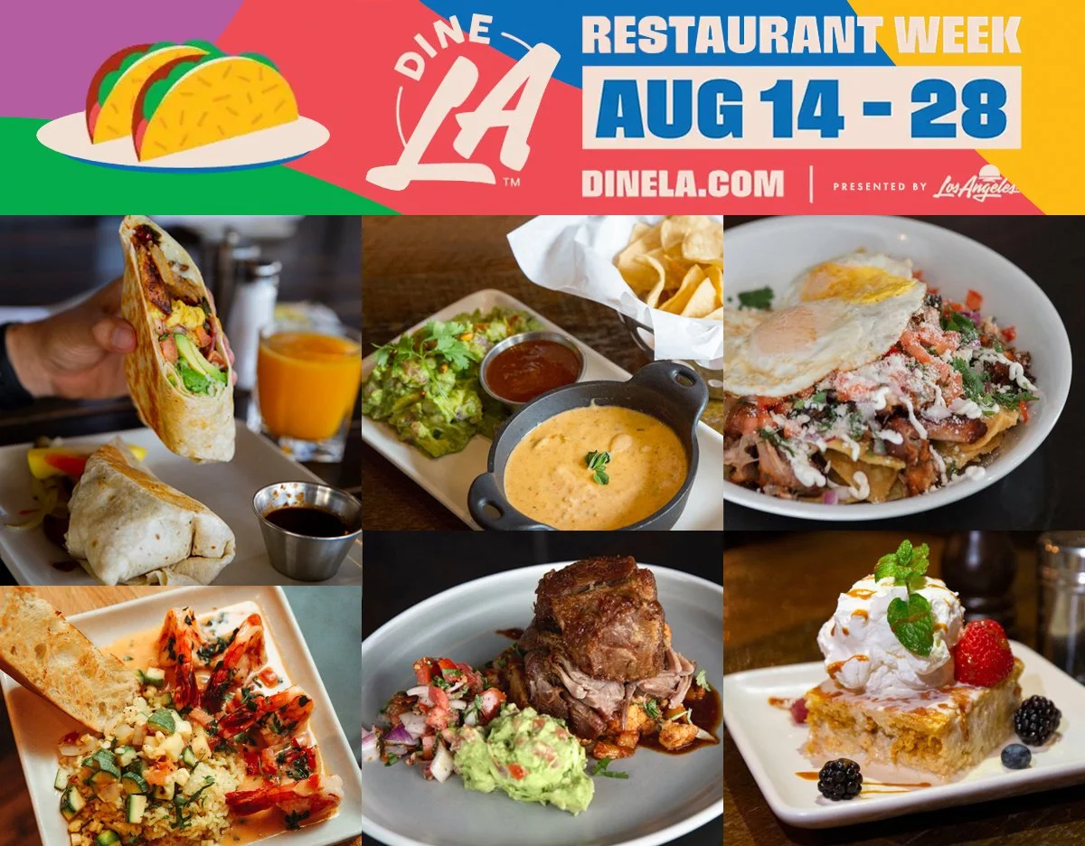 Dine LA Restaurant Week August 14-28, photos of breakfast burrito, guacamole, choriqueso and chips, huevos rancheros, shrimp entrée, carnitas plate and tres leches dessert