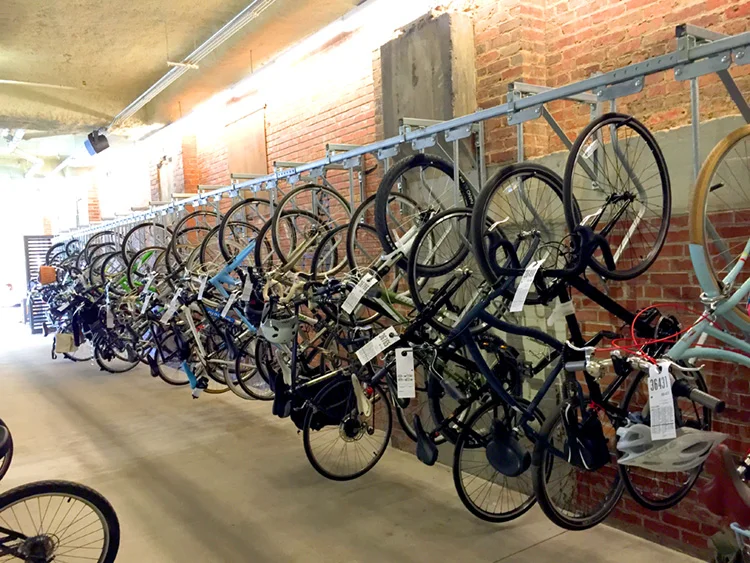 The bike valet was completely full this day at Ponce City Market, and they began stacking bikes.
