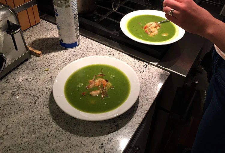 Pea soup with sauteed shrimp - I really like green pea soup.
