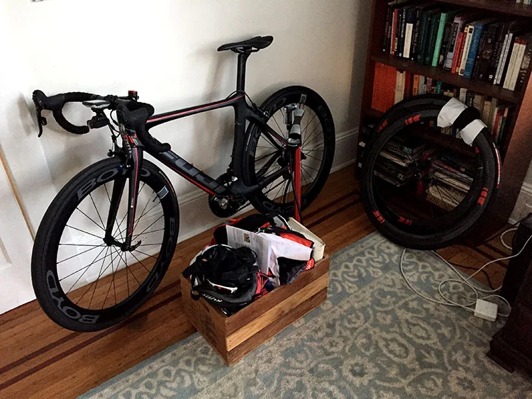 Bike, pit wheels and equipment ready to go the night before race day.