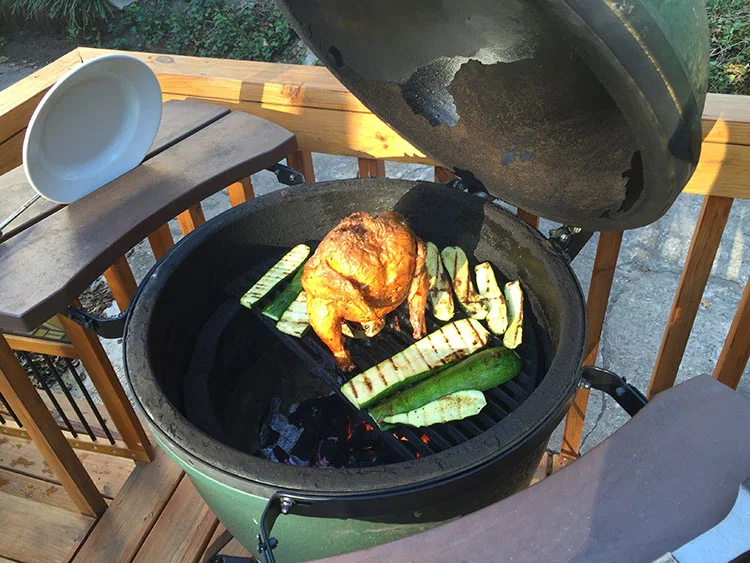 Beer can chicken and veggies on the Green Egg.