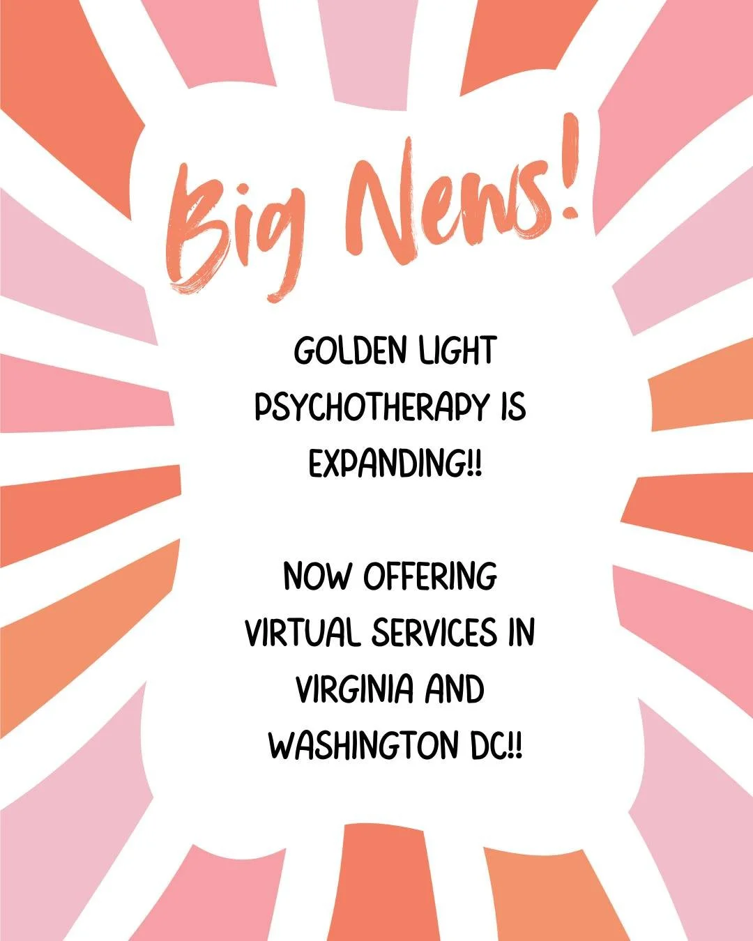 Very excited to share the Golden Light Psychotherapy will now be offering virtual services in Washington DC and Virginia!! 

Healing body, mind and spirit through somatic psychotherapy. Specializing in grief, navigating life transitions and healing a