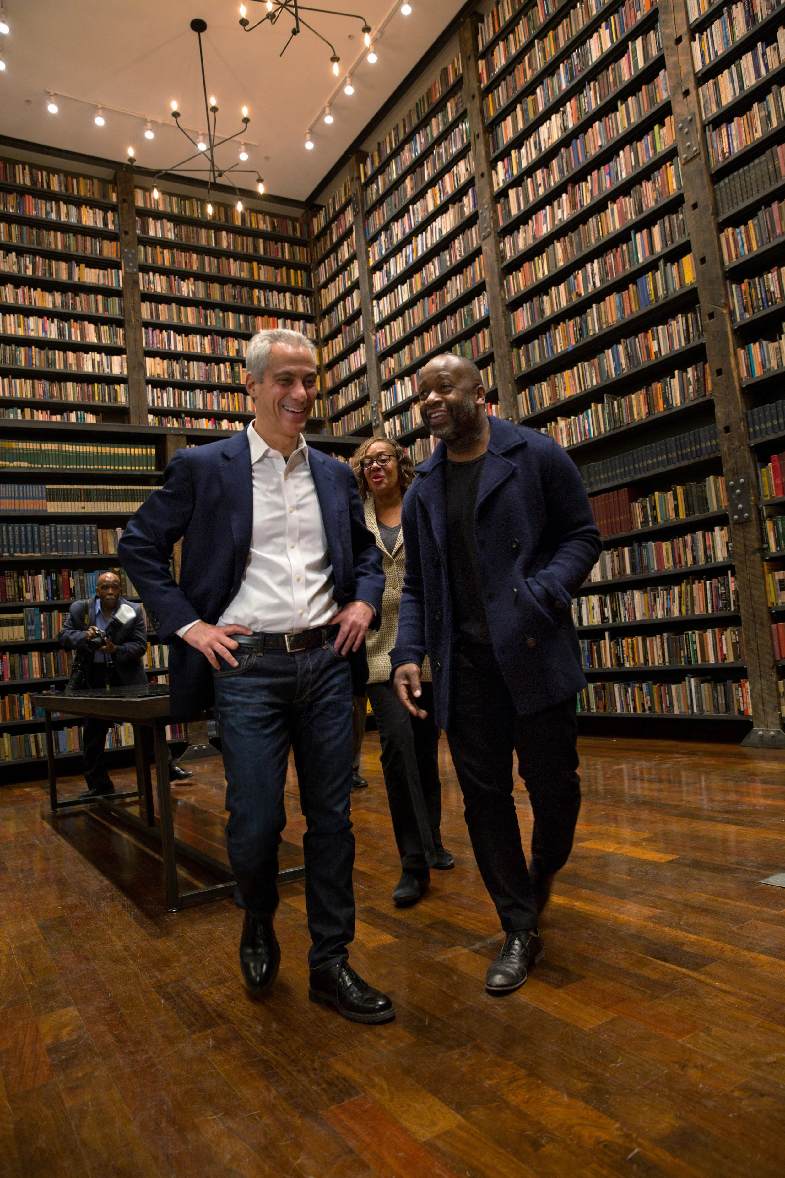 Theaster Gates provides Mayor Rahm Emmanuel a tour of the Rebuild Foundation on the eve of the public opening for the Stony Island Arts Bank.