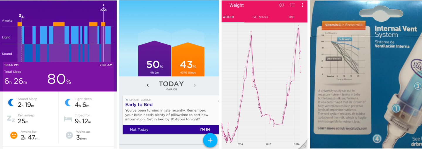 The first two images are from Jawbone UP , which tracks my sleep and steps; the first image depicts a night of sleep (and wakefulness, shown in orange —feeding times) and the second image shows my total sleep and steps for a given day. The third image is a screenshot of my weight over time collected via our Withings scale (y-axis scale/labels intentionally not shown; if I could annotate the peaks, the first would read "Dorian birth" and the second "Eloise birth," perhaps I'd also draw a "goal" line somewhere near the bottom!). The final image is from a package of Dr. Brown bottles—great use of color and text in graph to highlight the Dr. Brown line.
