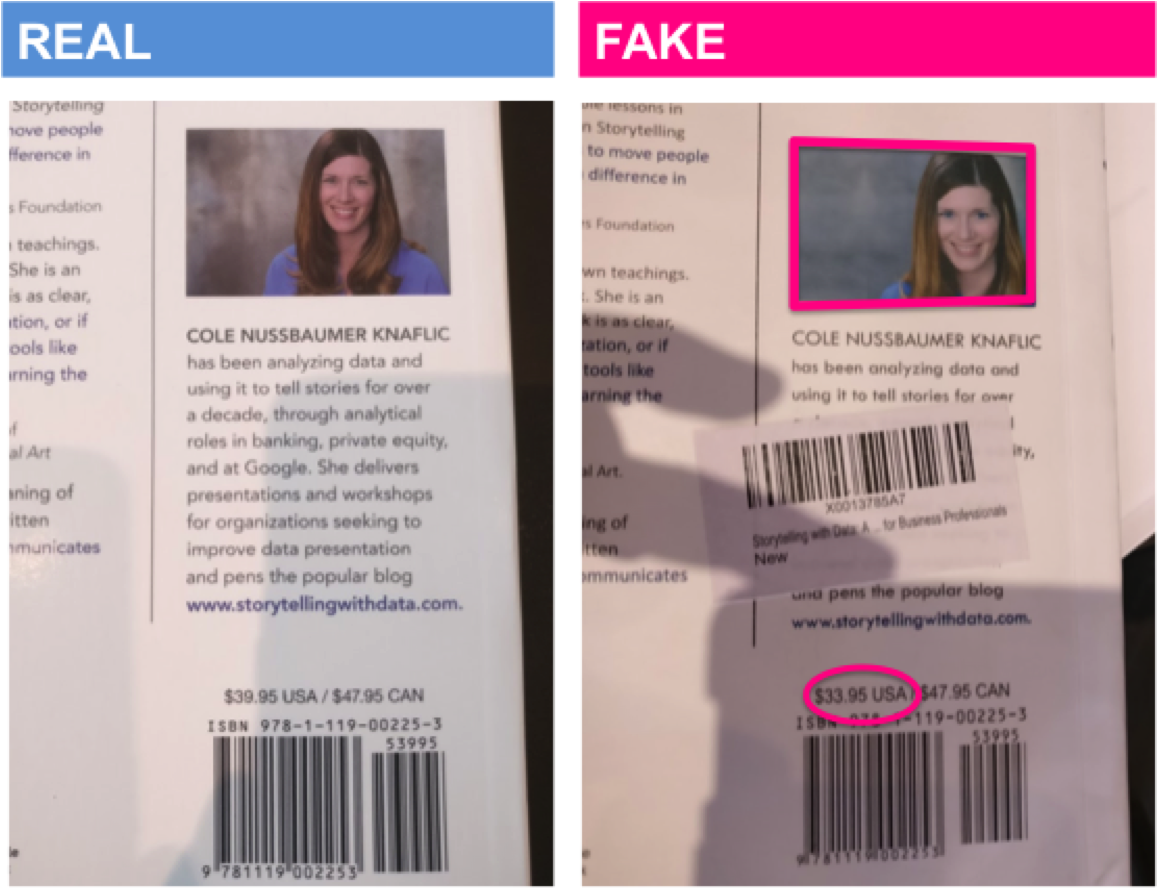 BACK COVER : Different picture of me, different list price, text below picture has larger line breaks and smaller text on the fake book.