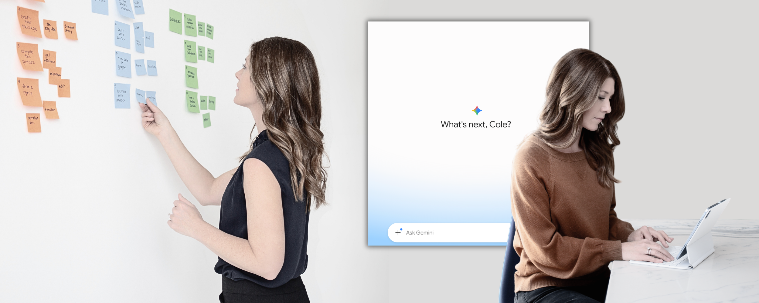 Cole arranges colored sticky notes on a wall beside an AI chat interface, illustrating the combination of low-tech storyboarding and AI as a thought partner