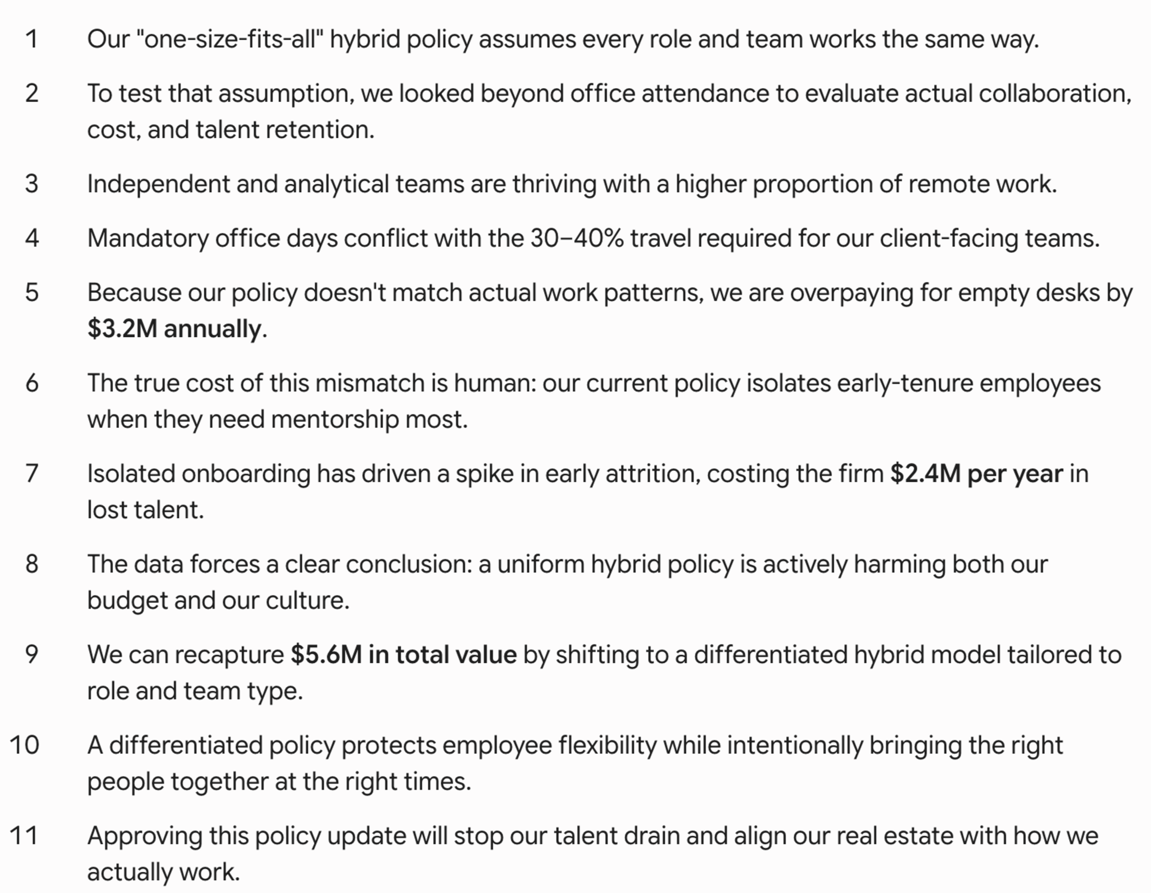 A numbered list of eleven draft takeaway titles for a presentation about a differentiated hybrid-work policy