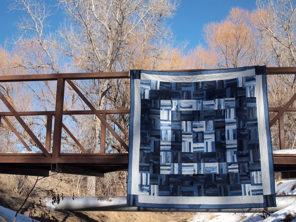 Quilt no. 014: Denim Scrap. Various cotton and cotton blend denims. 75″x 75″.