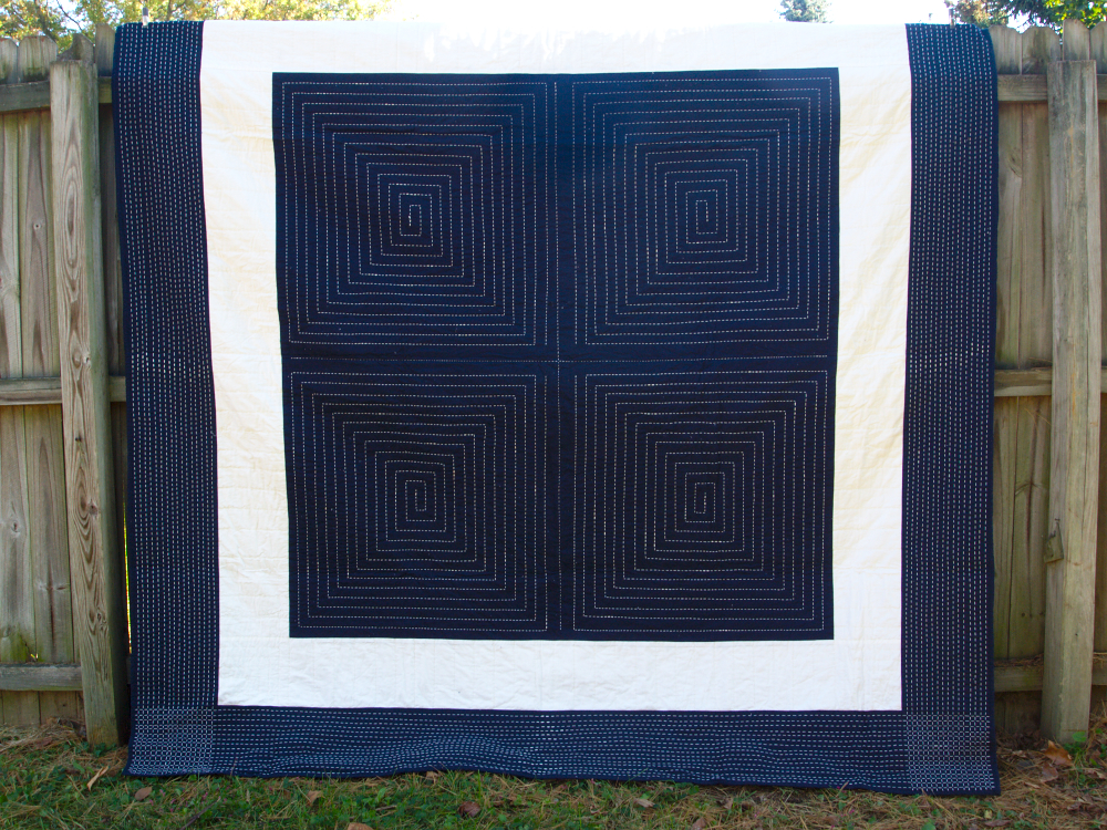 Quilt no. 006: White on Indigo. 2013. Quilting cottons. 90″ x 90″