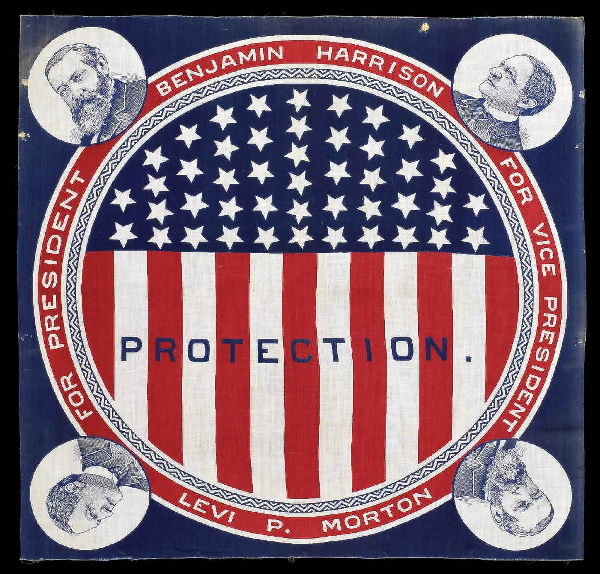 Benjamin Harrison and Levi Morton Campaign Bandanna | Includes a Patriotic Shield and Protection Overprint | Circa 1888