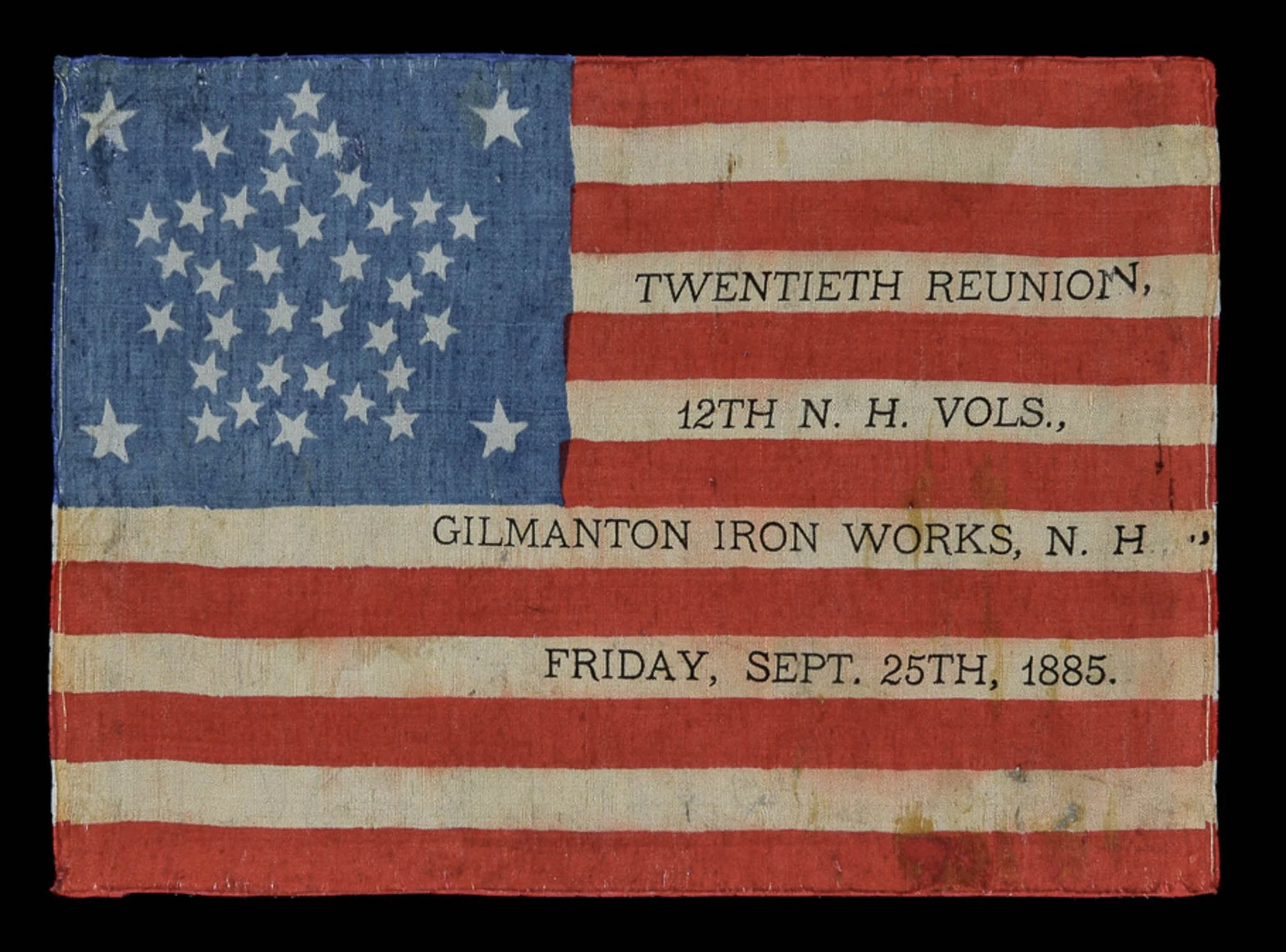 Rare 38 Star Civil War Veteran Flag with Great Star Pattern and 12th New Hampshire Infantry Reunion Overprint | Colorado Statehood | Circa 1885