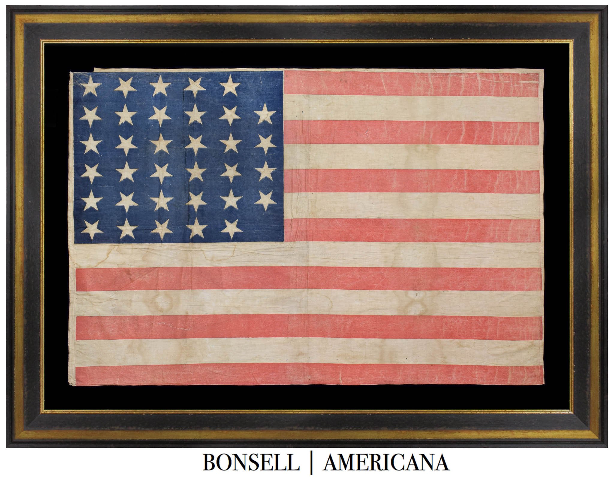 Large and Impressive 34 Star Antique Flag with a 5-6-6-6-6-5 Pattern | The First Example We Have Encountered | Kansas Statehood | Circa 1861-1863