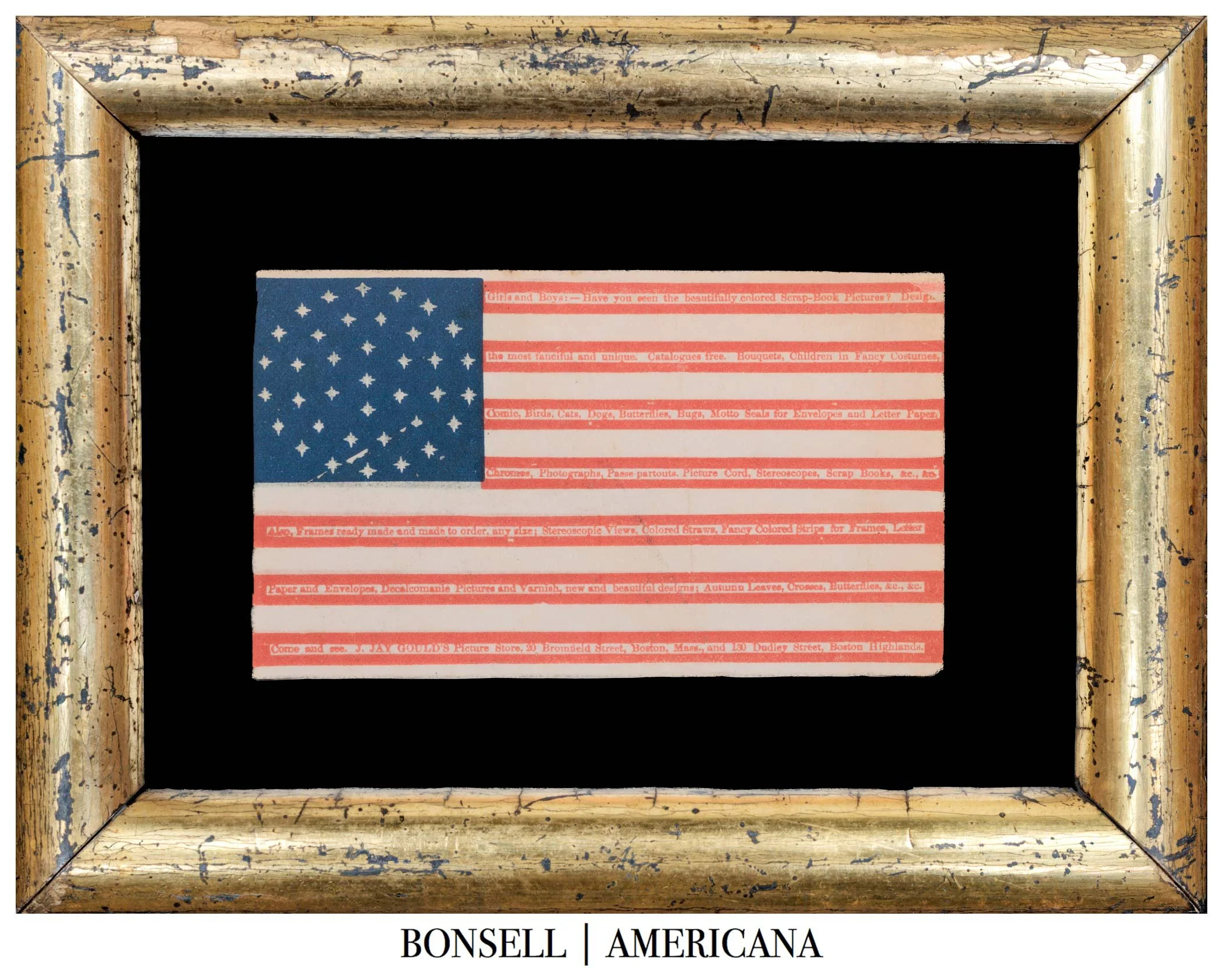37 Star American Flag Advertising Trade Card | J. Jay Gould’s Picture Store | Unusual Medallion of Stars, Overprint in Red Stripes | Nebraska Statehood | Circa 1867–1876