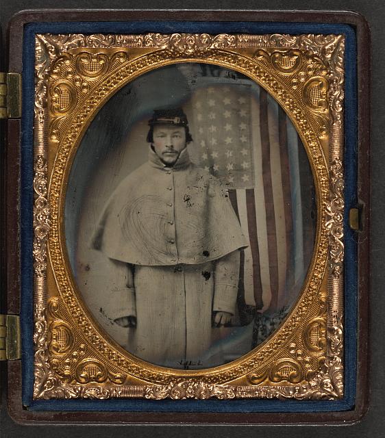 Soldier in Uniform in Front of American Flag | Circa 1861-1865