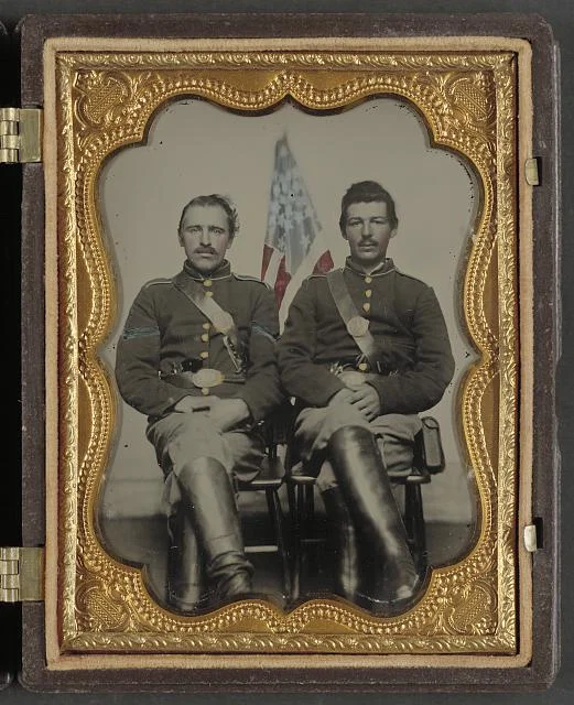 Two Soldiers in Union Uniforms in Front of American Flag | Circa 1861-1865