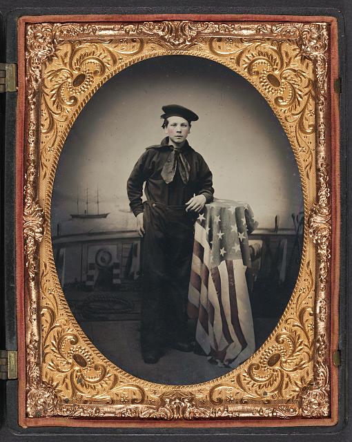 Young Sailor in Union Uniform with American Flag in Front of Backdrop Showing Naval Scene | Circa 1861-1865