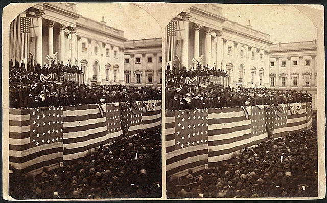 Chief Justic Morrison R. Waite Administering the Oath of Office to Rutherford B. Hayes on a Flag-Draped Inaugural Stand at the US Capitol | Circa 1877