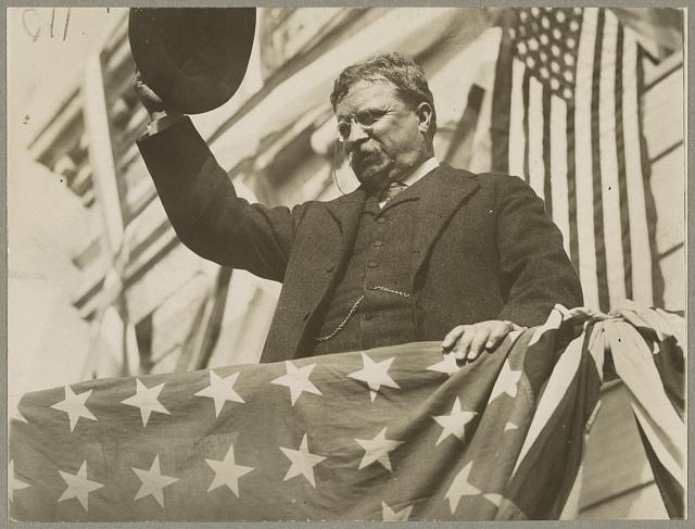 Teddy Roosevelt on His Tour Through New Jersey Before the Convention on a Flag-Draped Platform | Circa 1912