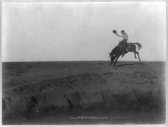 Cowboy Riding a Bucking Bronco on the Plains, Probably on the XIT Ranch in the Texas Panhandle | Circa 1904