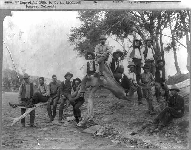 Fourteen Cowboys from the F.D.W. Ranch in New Mexico Posing on a Tree Trunk | Circa 1904
