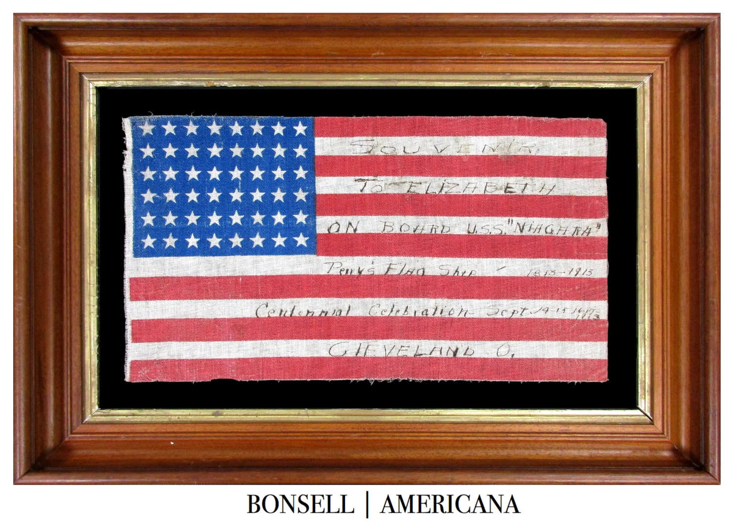 48 Star Antique US Flag with a USS Niagara and "Perry's Flag Ship" Overprint