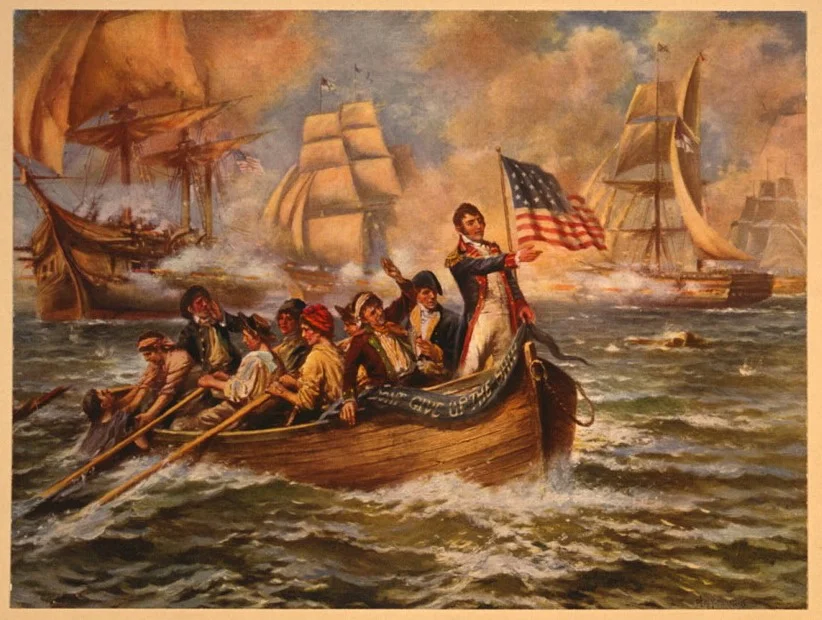 Battle of Lake Erie - Oliver Hazard Perry Standing on Front of Small Boat after Abandoning his Flagship, the Lawrence.jpg
