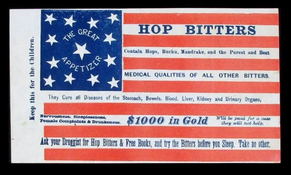 Closeup of 13 Star Antique Flag with a Hop Bitters Overprint